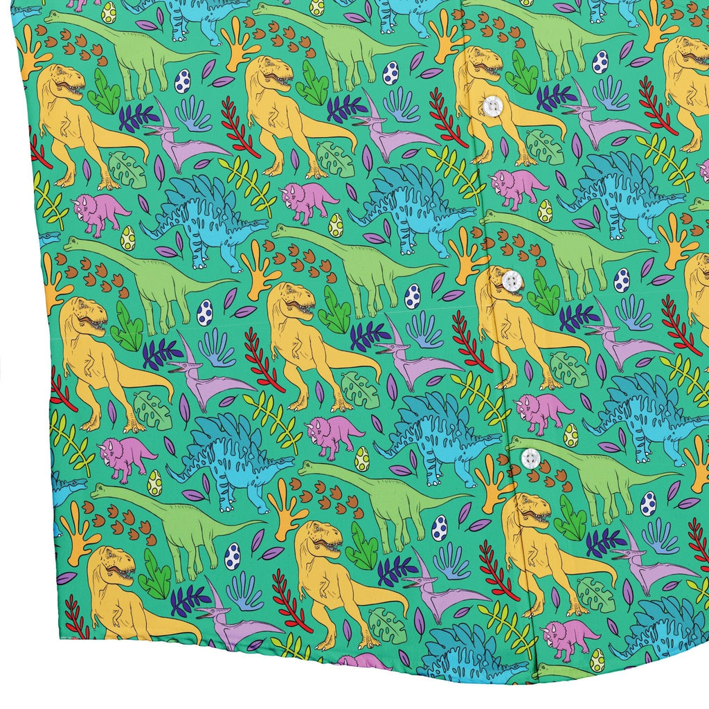 Jurassic Jungle Button Up Shirt Geek Nerd adult sizing Design by Julie Kitzes dinosaur print