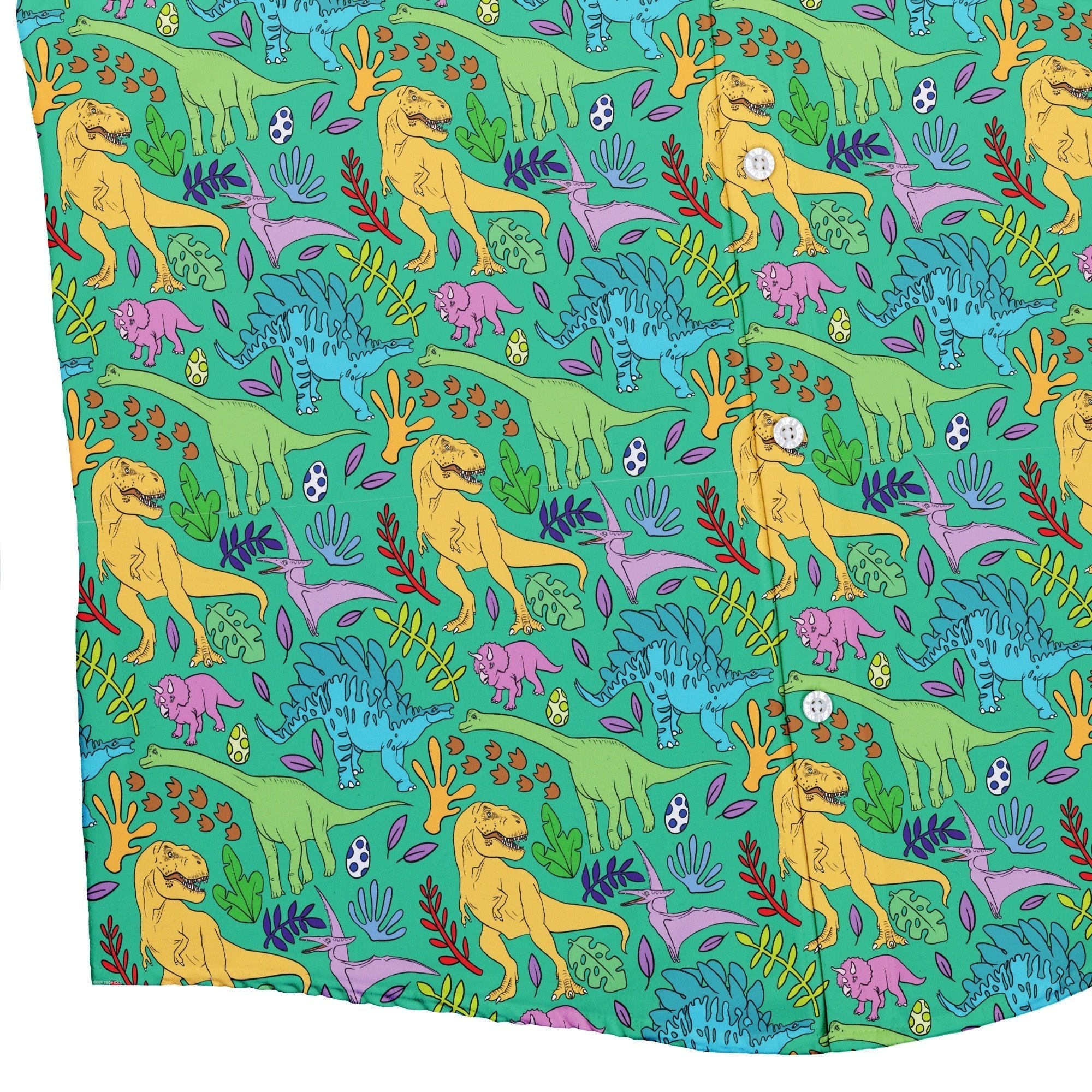 Jurassic Jungle Button Up Shirt Geek Nerd adult sizing Design by Julie Kitzes dinosaur print