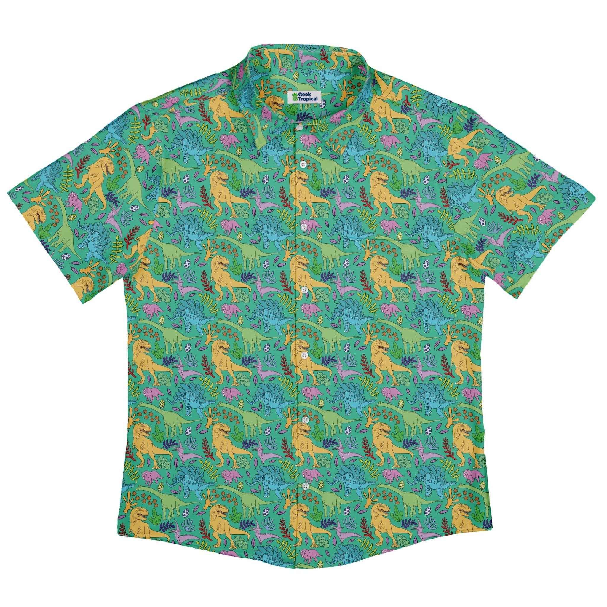 Jurassic Jungle Button Up Shirt Geek Nerd adult sizing Design by Julie Kitzes dinosaur print