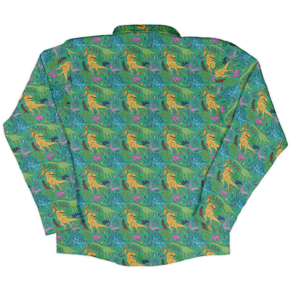 Jurassic Jungle Long Sleeve Button Up Shirt Geek Nerd adult sizing Design by Julie Kitzes dinosaur print