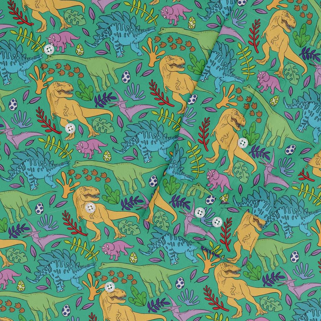 Jurassic Jungle Long Sleeve Button Up Shirt Geek Nerd adult sizing Design by Julie Kitzes dinosaur print