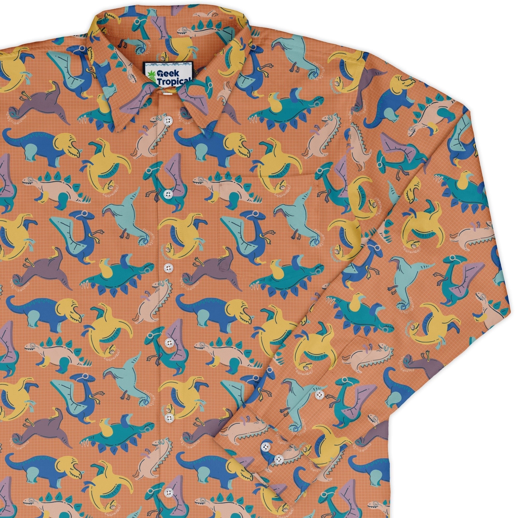 Just Dinosaur Long Sleeve Button Up Shirt Geek Nerd adult sizing Design by Zirkus Design dinosaur print