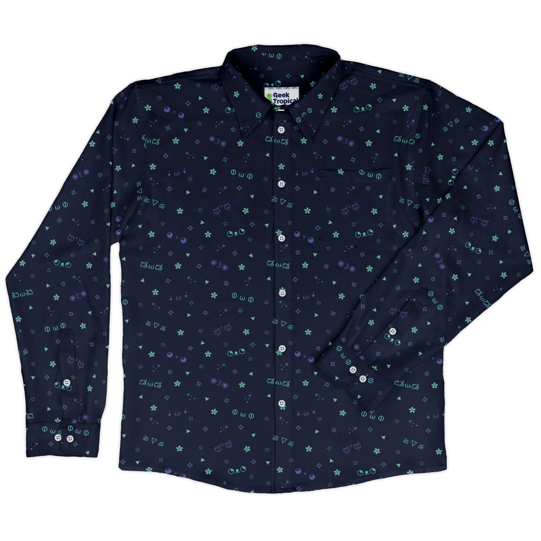 Kao Emojis Blue Long Sleeve Button Up Shirt Geek Nerd adult sizing Anime Design by Ardi Tong