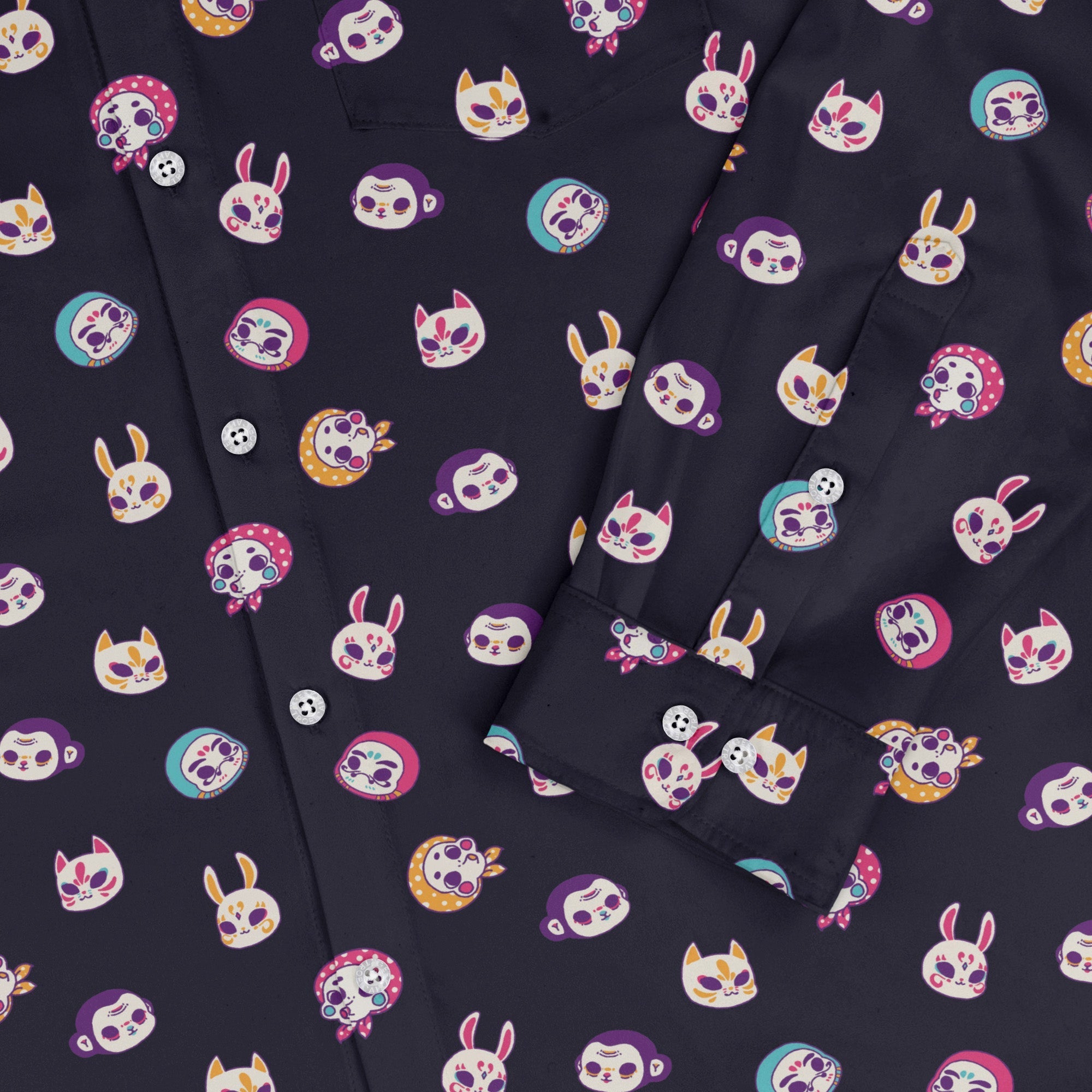 Kawaii Masks Parade Night Long Sleeve Button Up Shirt Geek Nerd adult sizing Anime Design by Ardi Tong