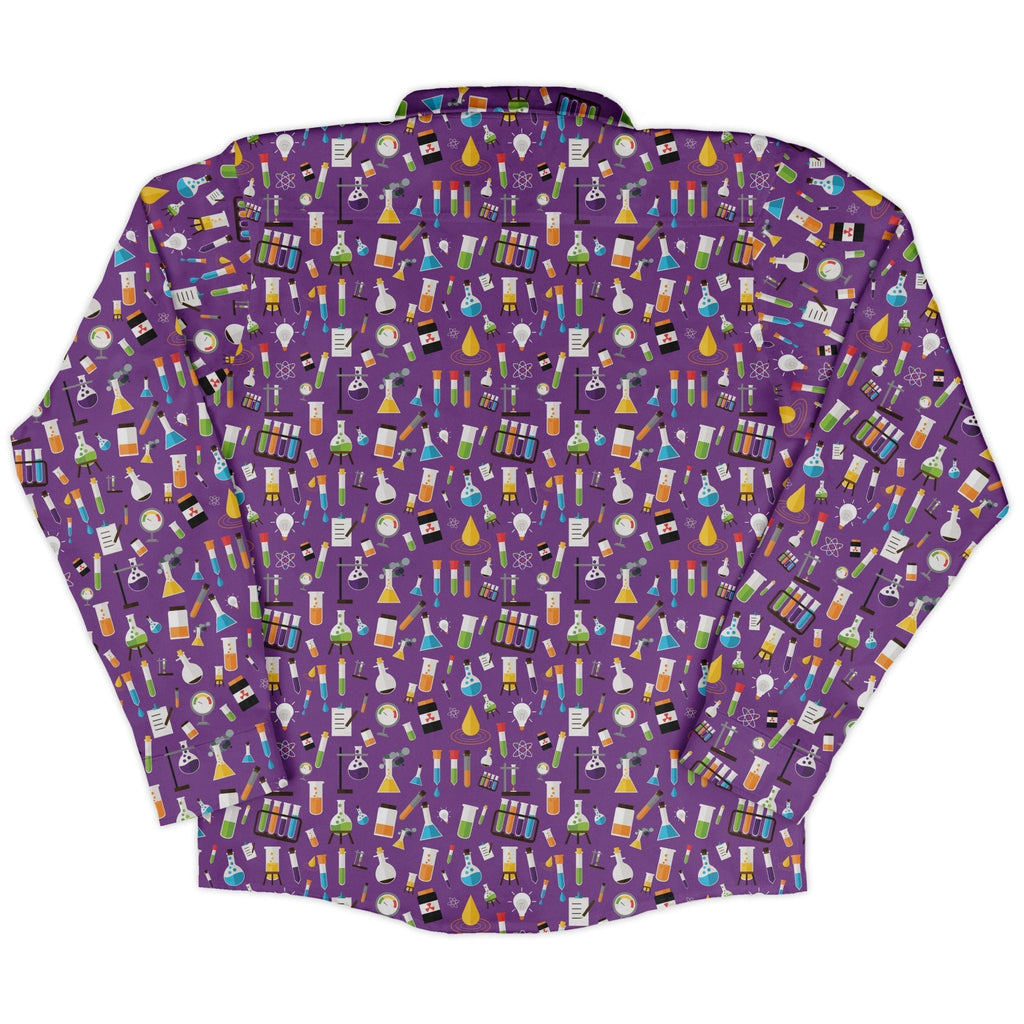 Lab Beakers Purple Science Long Sleeve Button Up Shirt Geek Nerd adult sizing FLOW DESC WRITING Maximalist Patterns