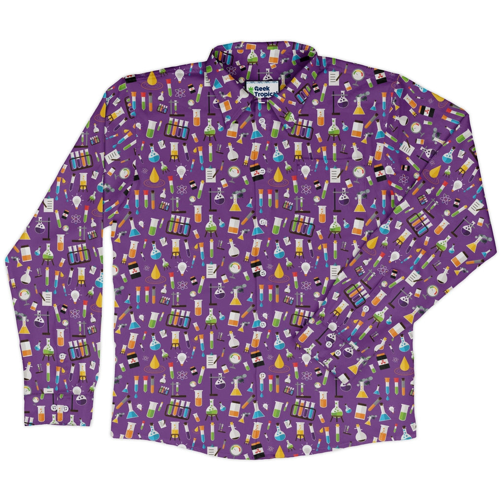 Lab Beakers Purple Science Long Sleeve Button Up Shirt Geek Nerd adult sizing FLOW DESC WRITING Maximalist Patterns