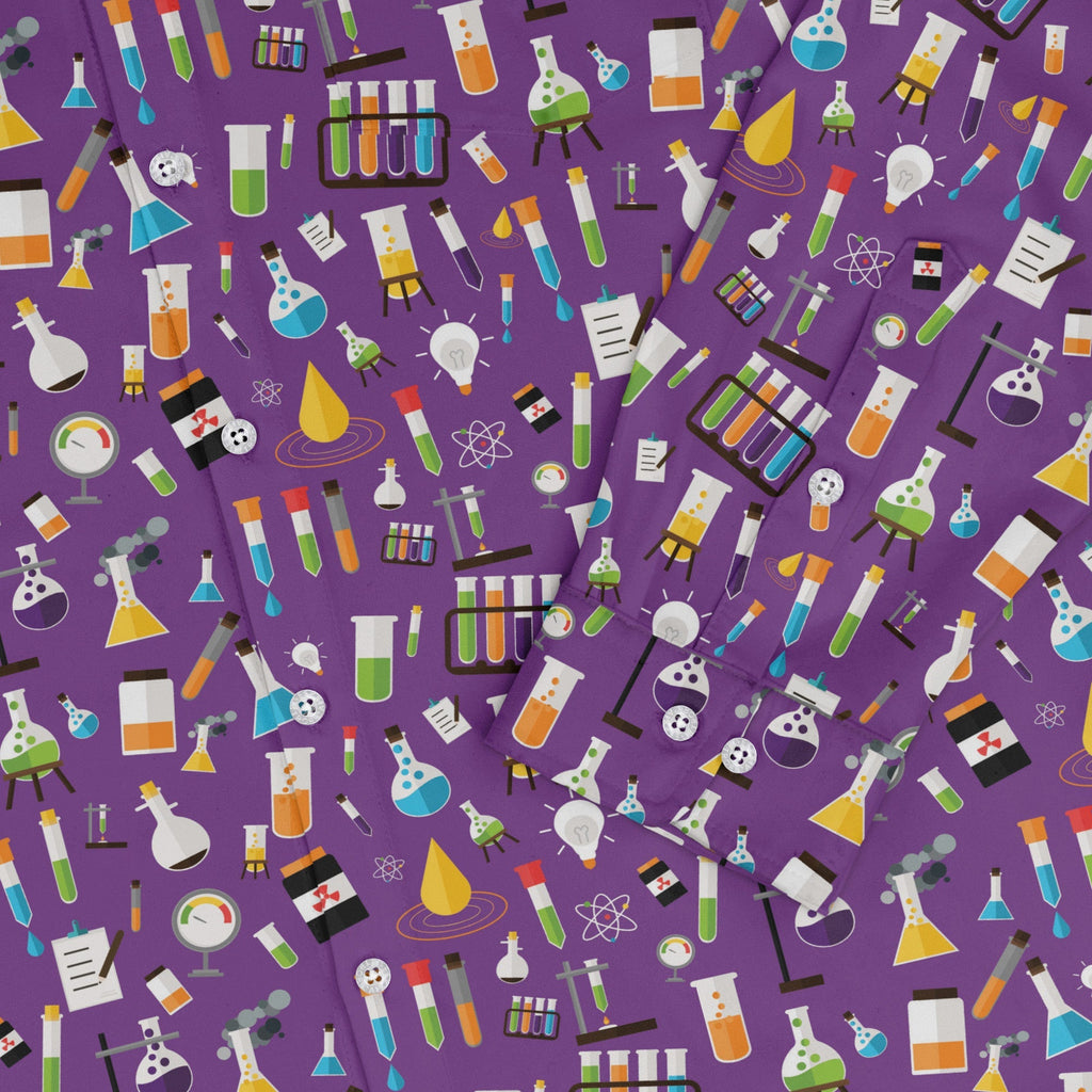 Lab Beakers Purple Science Long Sleeve Button Up Shirt Geek Nerd adult sizing FLOW DESC WRITING Maximalist Patterns