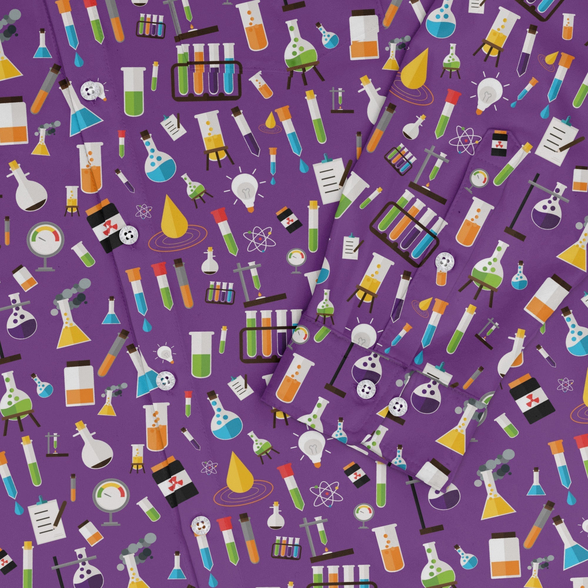 Lab Beakers Purple Science Long Sleeve Button Up Shirt Geek Nerd adult sizing FLOW DESC WRITING Maximalist Patterns