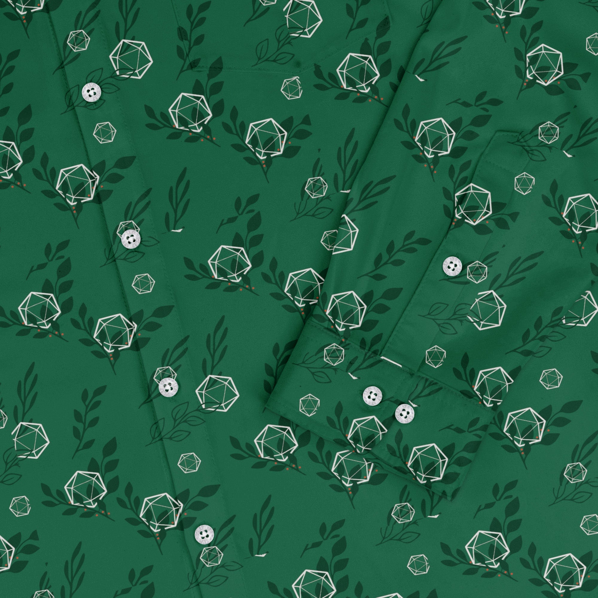 Leafy Green Dice Long Sleeve Button Up Shirt Geek Nerd adult sizing Botany Print Design by Heather Davenport