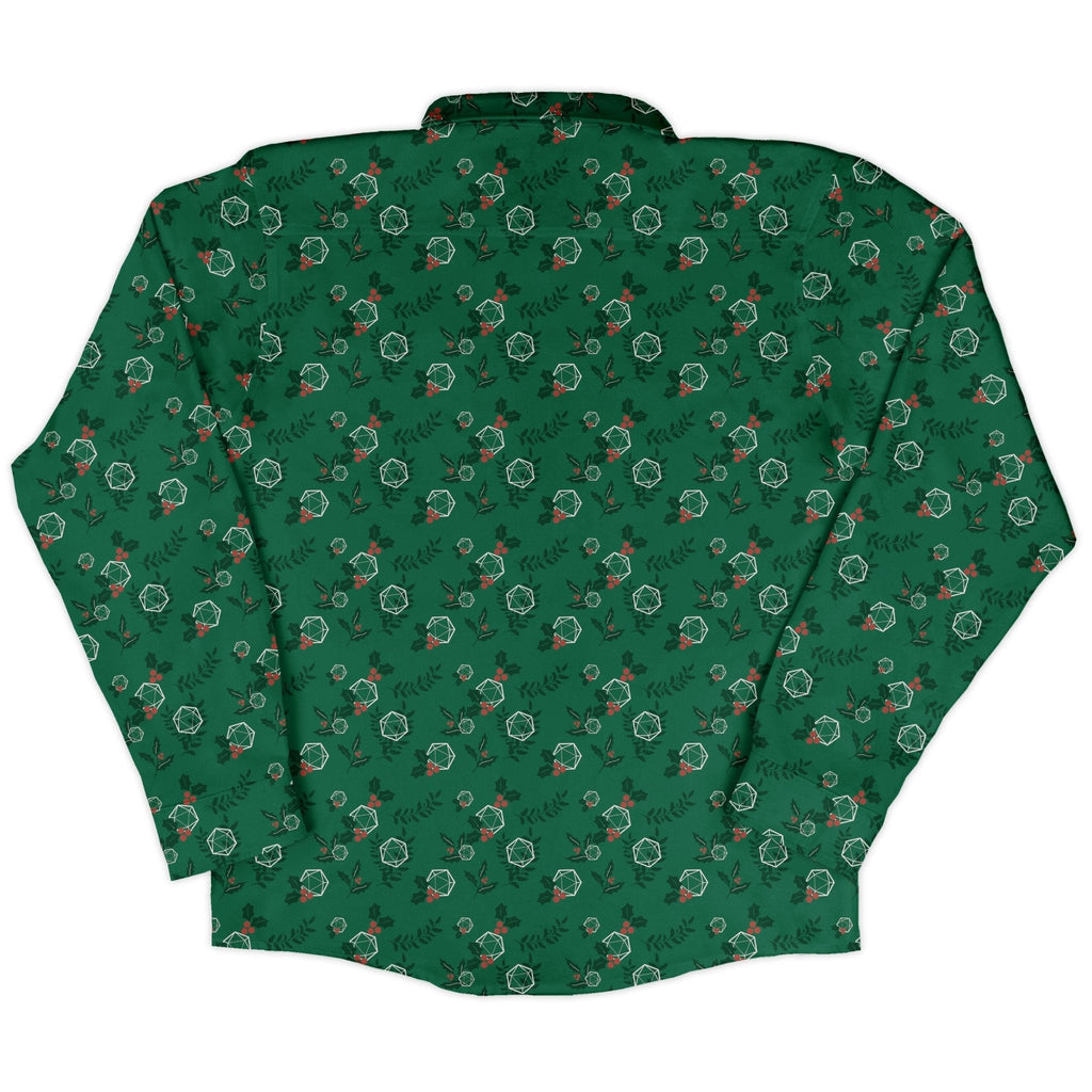Leafy Mistletoe Dice Long Sleeve Button Up Shirt Geek Nerd adult sizing Christmas Print Design by Heather Davenport