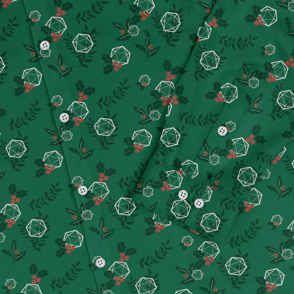 Leafy Mistletoe Dice Long Sleeve Button Up Shirt Geek Nerd adult sizing Christmas Print Design by Heather Davenport