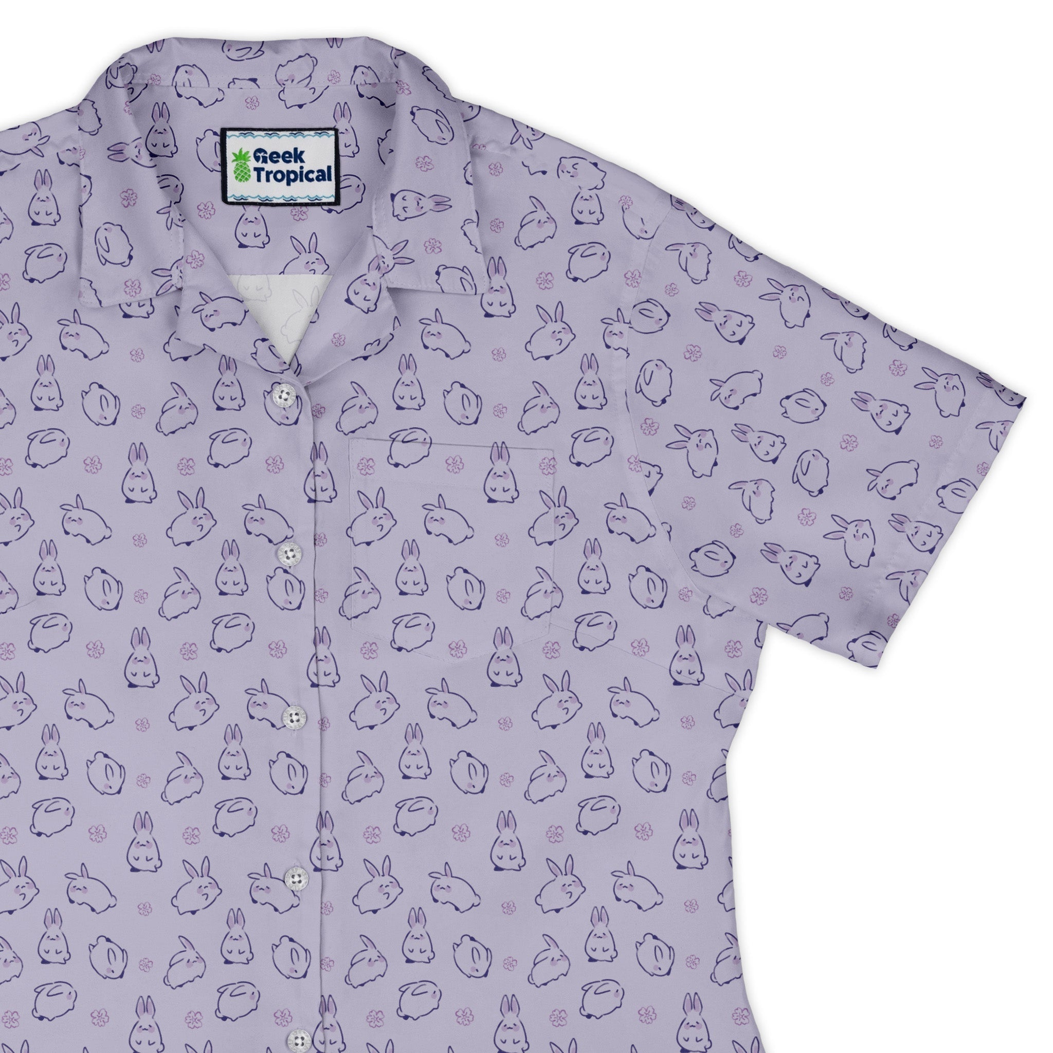 Lilac Anime Bunnies Curvy Button Up Shirt Geek Nerd Animal Patterns Anime Design by Ardi Tong