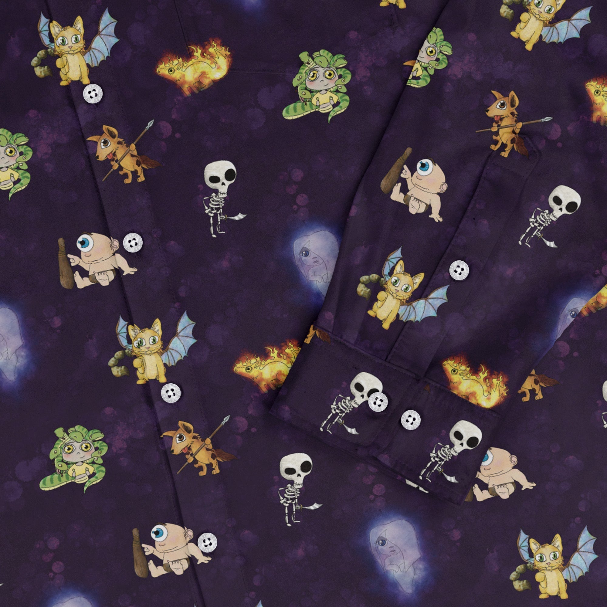 Little Monsters Long Sleeve Button Up Shirt Geek Nerd adult sizing Designs by Nathan fantasy prints