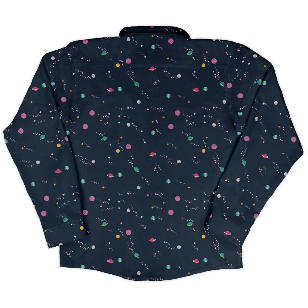 Lost in Space Planets Long Sleeve Button Up Shirt Geek Nerd adult sizing Design by Tobe Fonseca FLOW DESC WRITING
