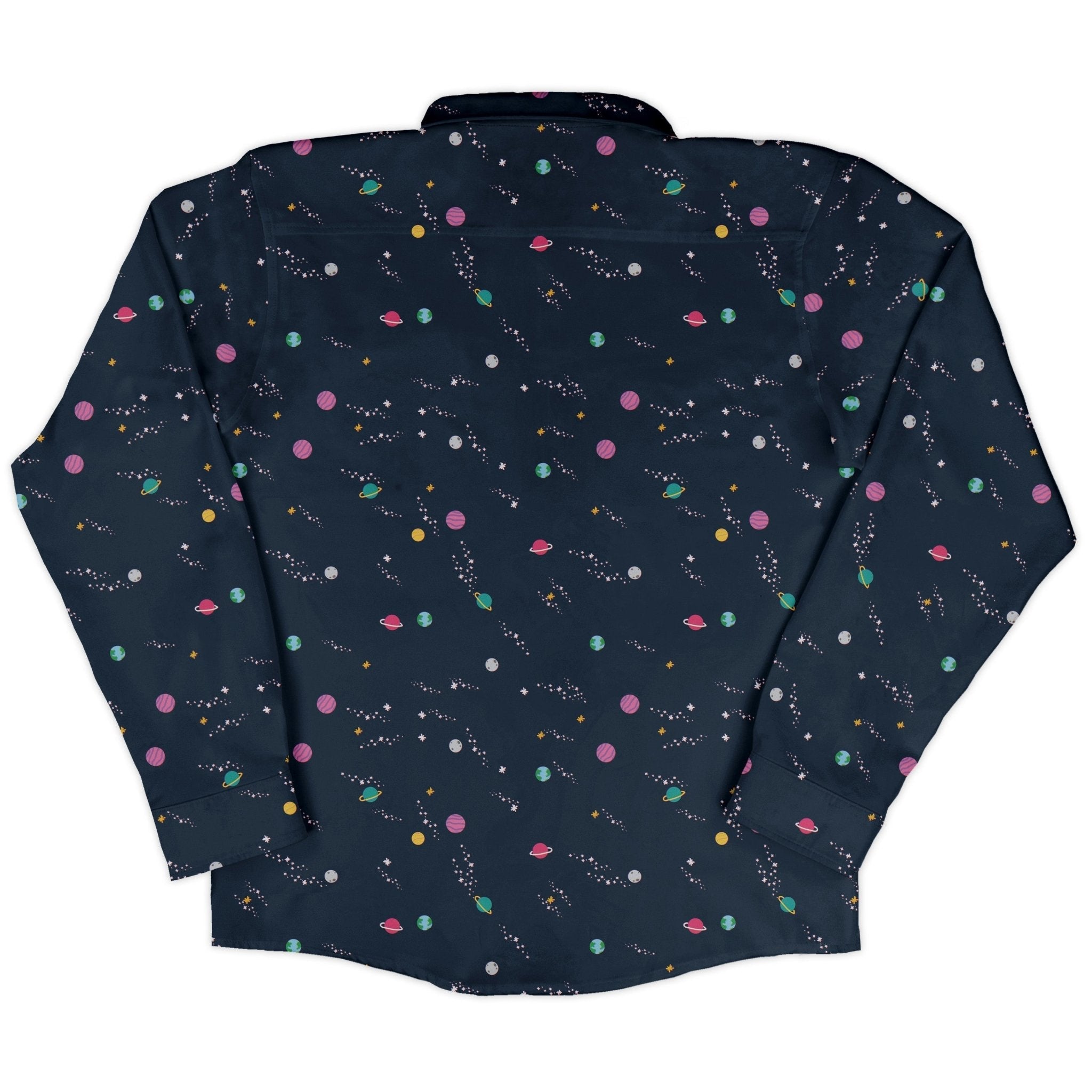 Lost in Space Planets Long Sleeve Button Up Shirt Geek Nerd adult sizing Design by Tobe Fonseca FLOW DESC WRITING