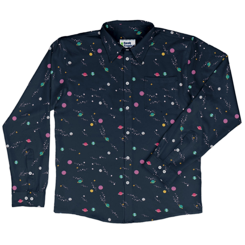 Lost in Space Planets Long Sleeve Button Up Shirt Geek Nerd adult sizing Design by Tobe Fonseca FLOW DESC WRITING