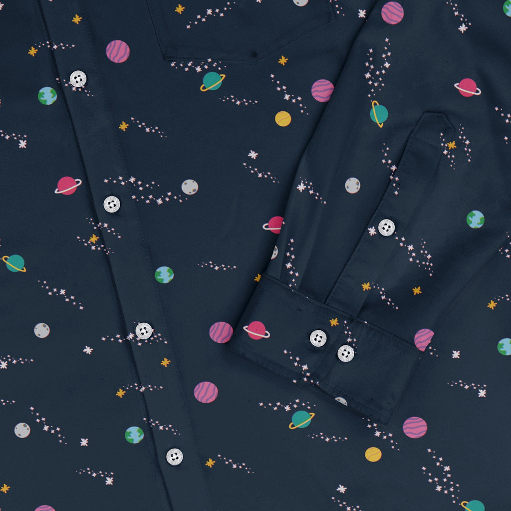 Lost in Space Planets Long Sleeve Button Up Shirt Geek Nerd adult sizing Design by Tobe Fonseca FLOW DESC WRITING