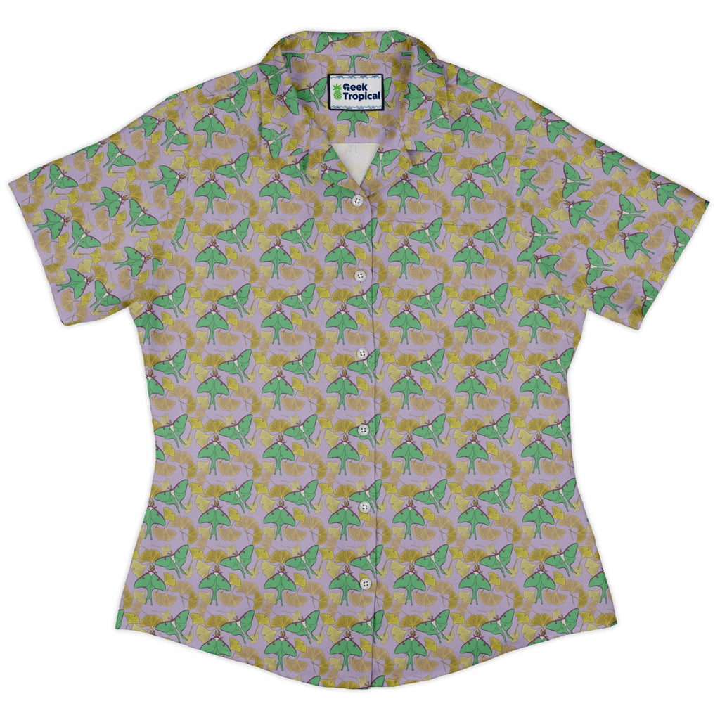 Luna Moth Gathering Curvy Button Up Shirt Geek Nerd animal patterns botany print Design by Julie Kitzes