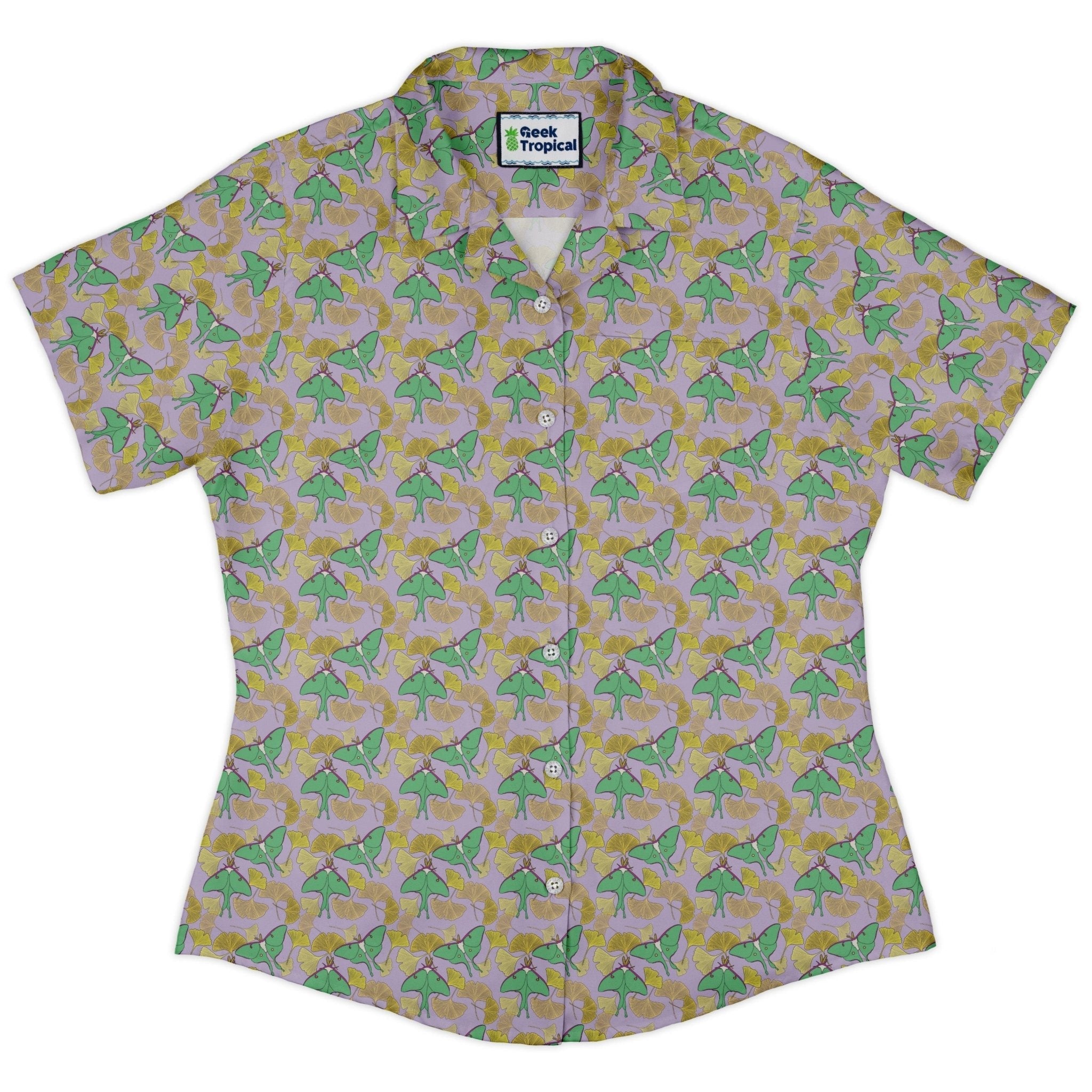 Luna Moth Gathering Curvy Button Up Shirt Geek Nerd animal patterns botany print Design by Julie Kitzes