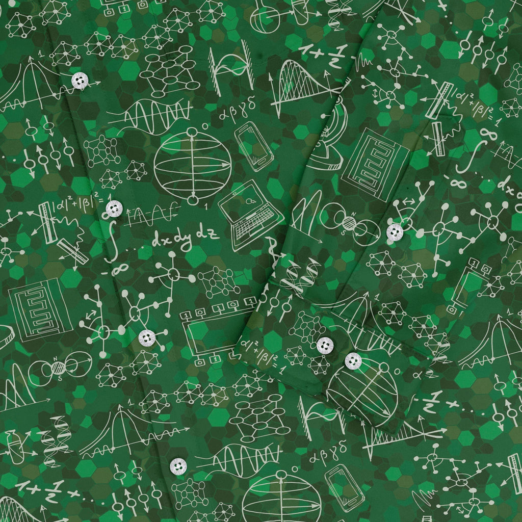 Mad Science Lab Green Long Sleeve Button Up Shirt Geek Nerd adult sizing FLOW DESC WRITING Maximalist Patterns