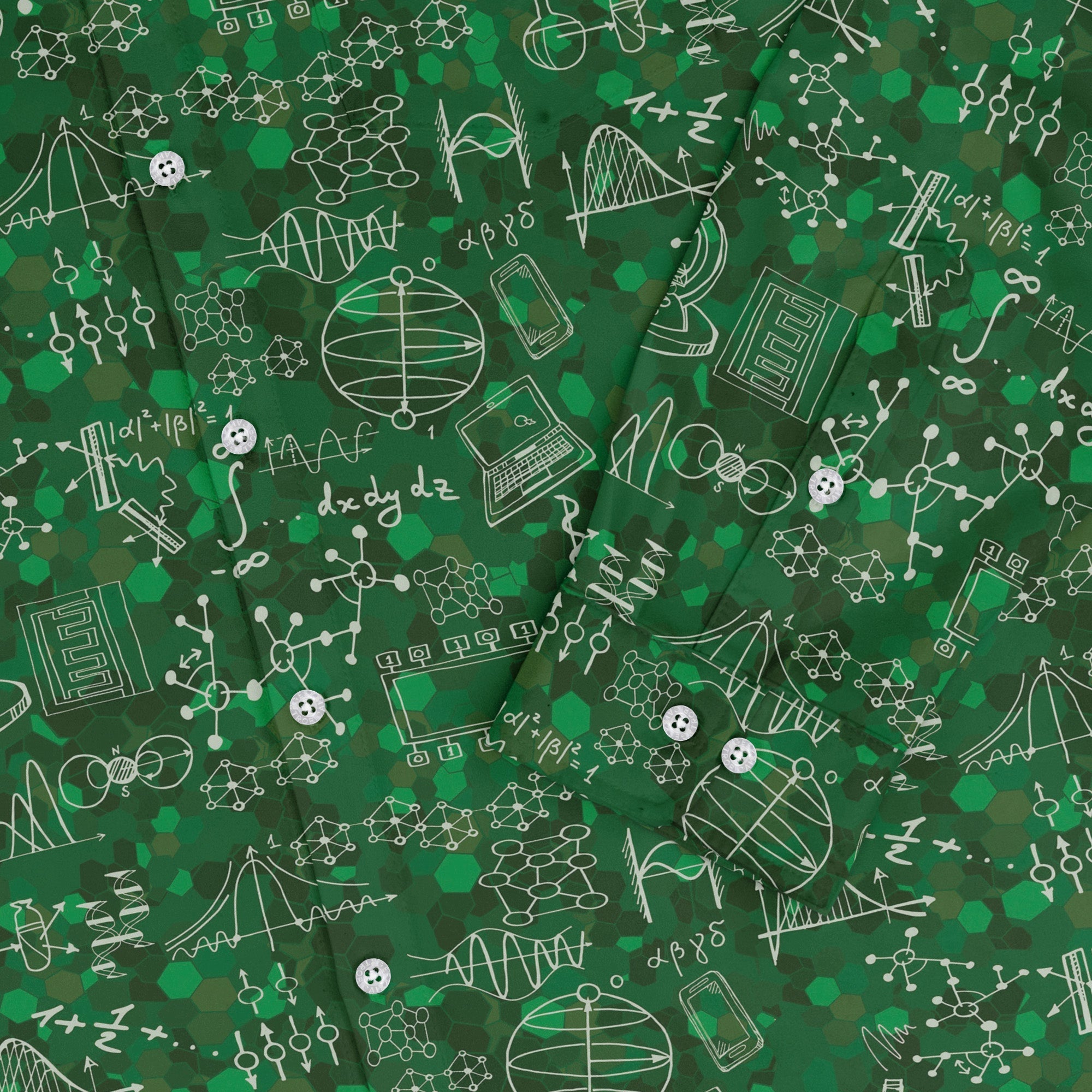 Mad Science Lab Green Long Sleeve Button Up Shirt Geek Nerd adult sizing FLOW DESC WRITING Maximalist Patterns