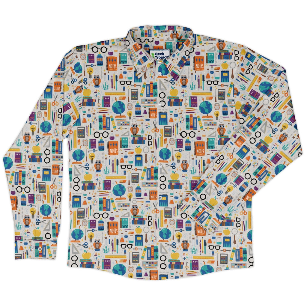 Magic Academics Long Sleeve Button Up Shirt Geek Nerd adult sizing Design by Zirkus Design FLOW DESC WRITING