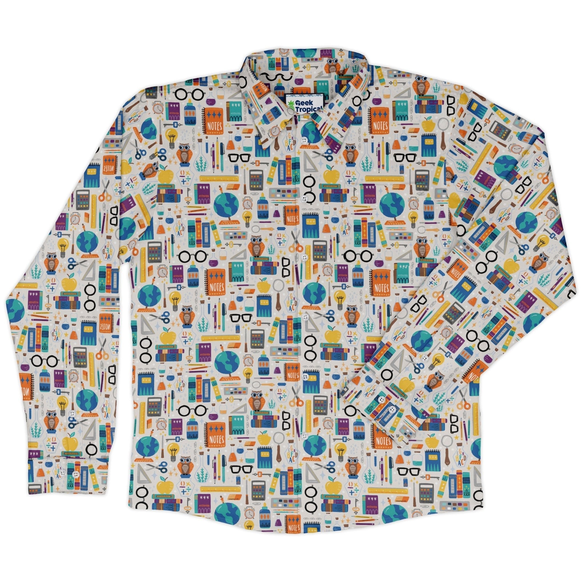 Magic Academics Long Sleeve Button Up Shirt Geek Nerd adult sizing Design by Zirkus Design FLOW DESC WRITING