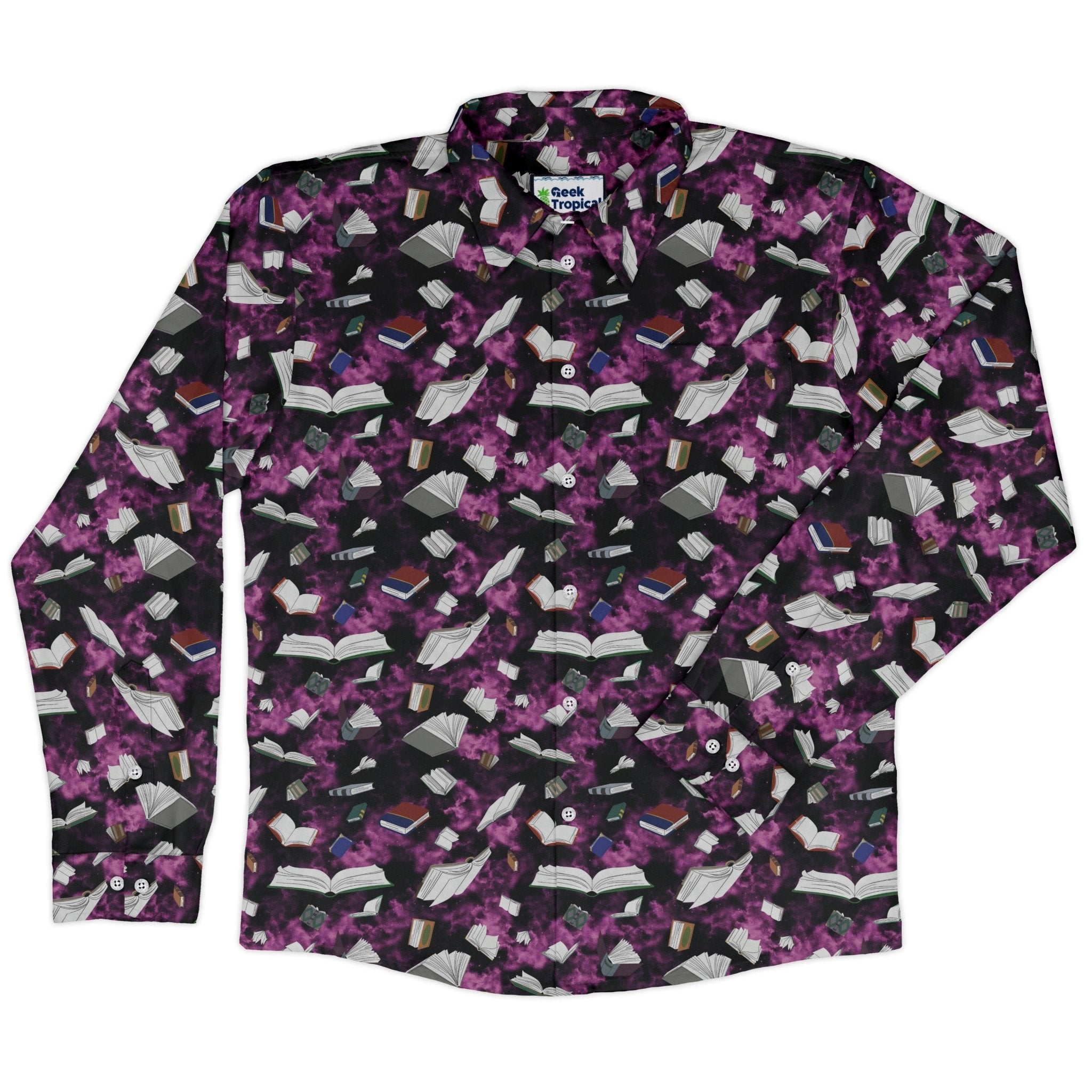 Magical Books Purple Long Sleeve Button Up Shirt Geek Nerd adult sizing Book Prints Designs by Nathan