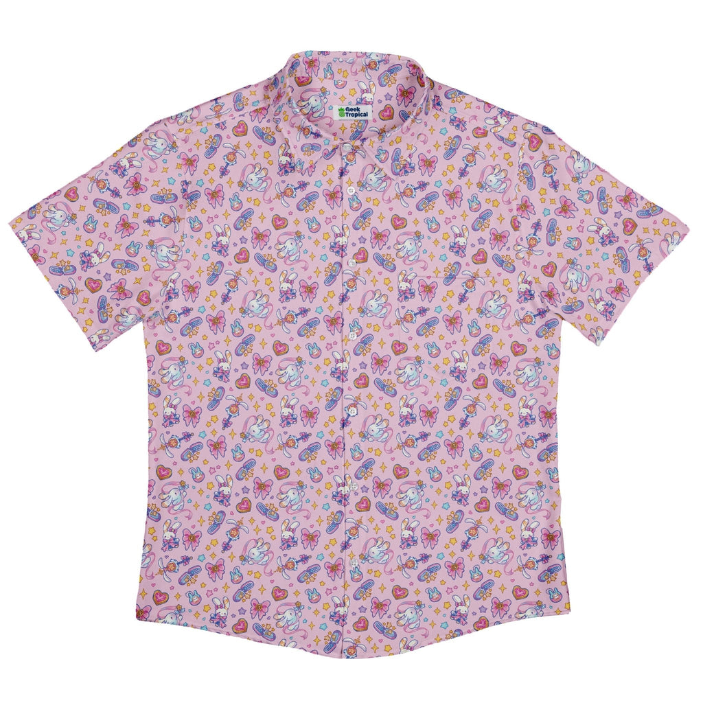 Magical Bunny Evolution Pink Button Up Shirt Geek Nerd adult sizing animal patterns anime