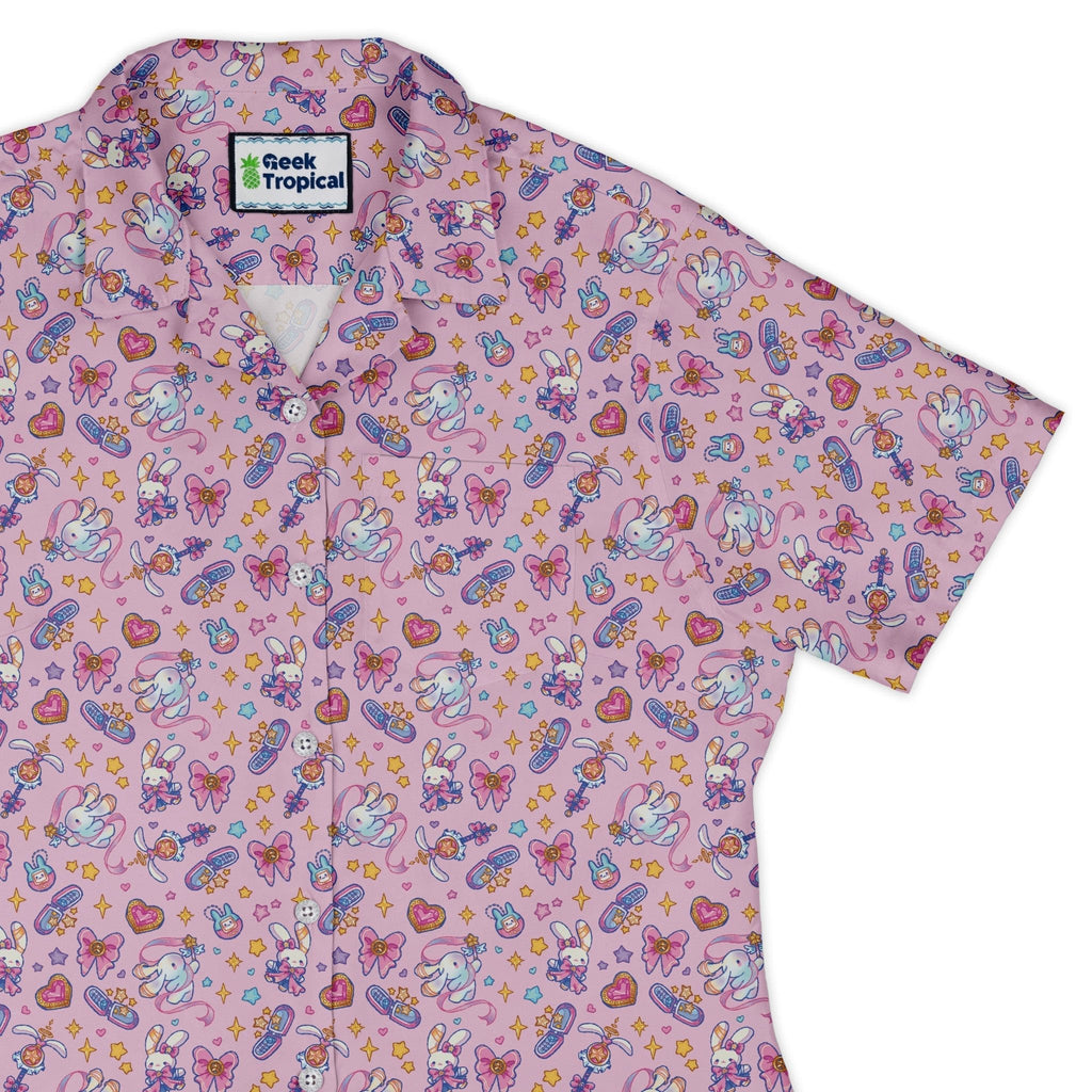 Magical Bunny Evolution Pink Curvy Button Up Shirt Geek Nerd animal patterns anime Design by Ardi Tong