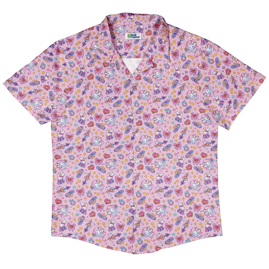 Magical Bunny Evolution Pink Button Up Shirt Geek Nerd adult sizing animal patterns anime