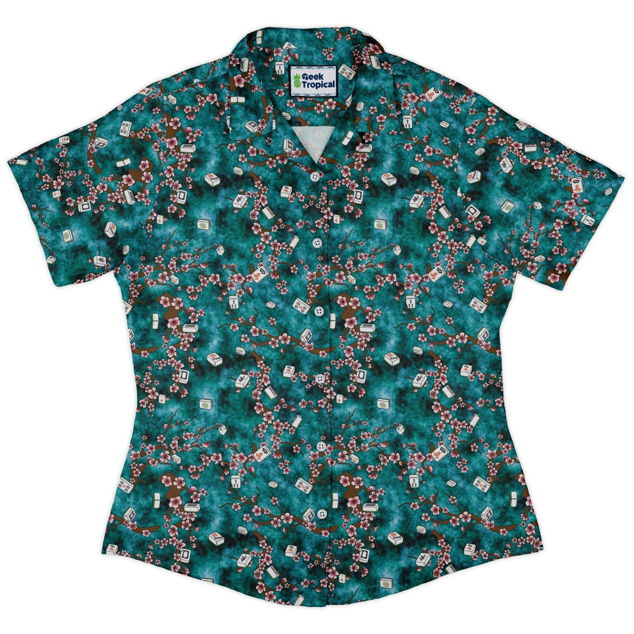Mahjong Tiles Pond Anime Curvy Button Up Shirt Geek Nerd Anime board game print Designs by Nathan