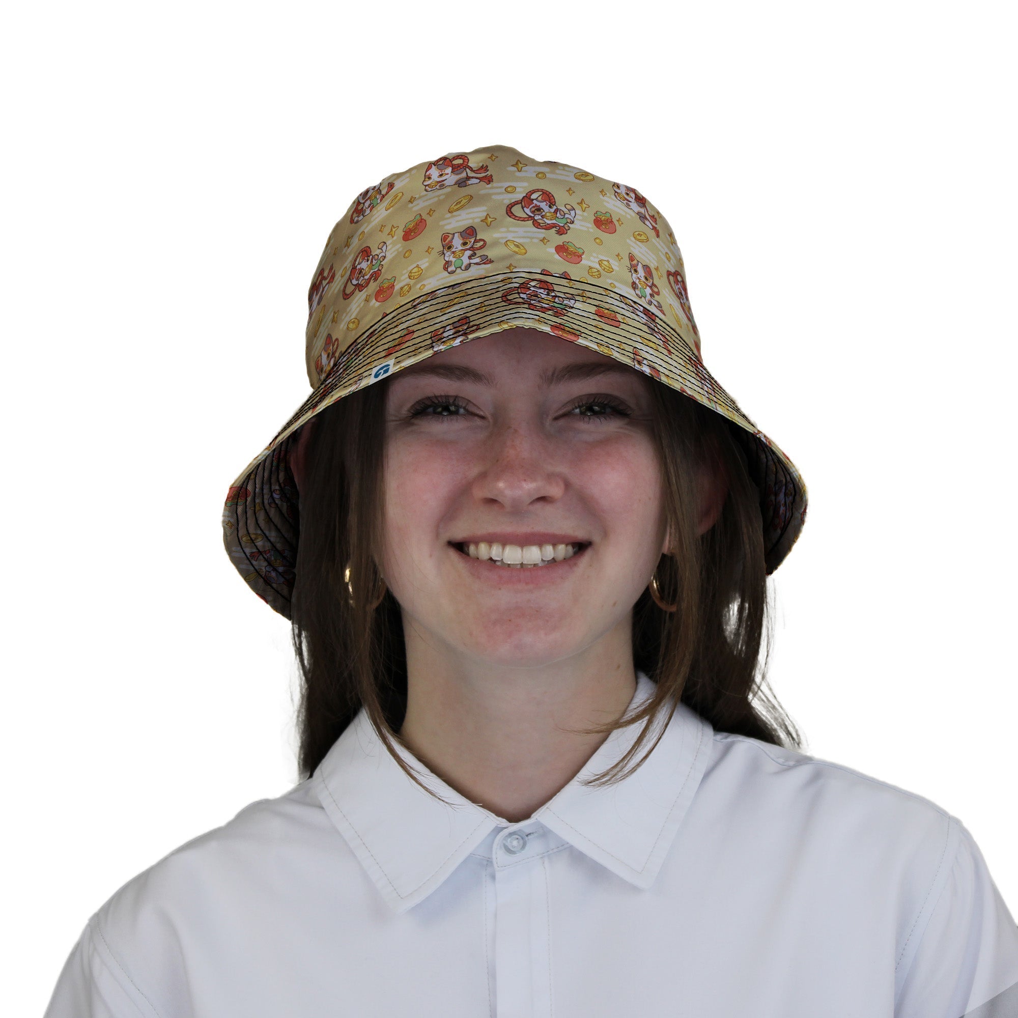 Maneki Cat Gold Bucket Hat Geek Nerd animal patterns anime Design by Ardi Tong