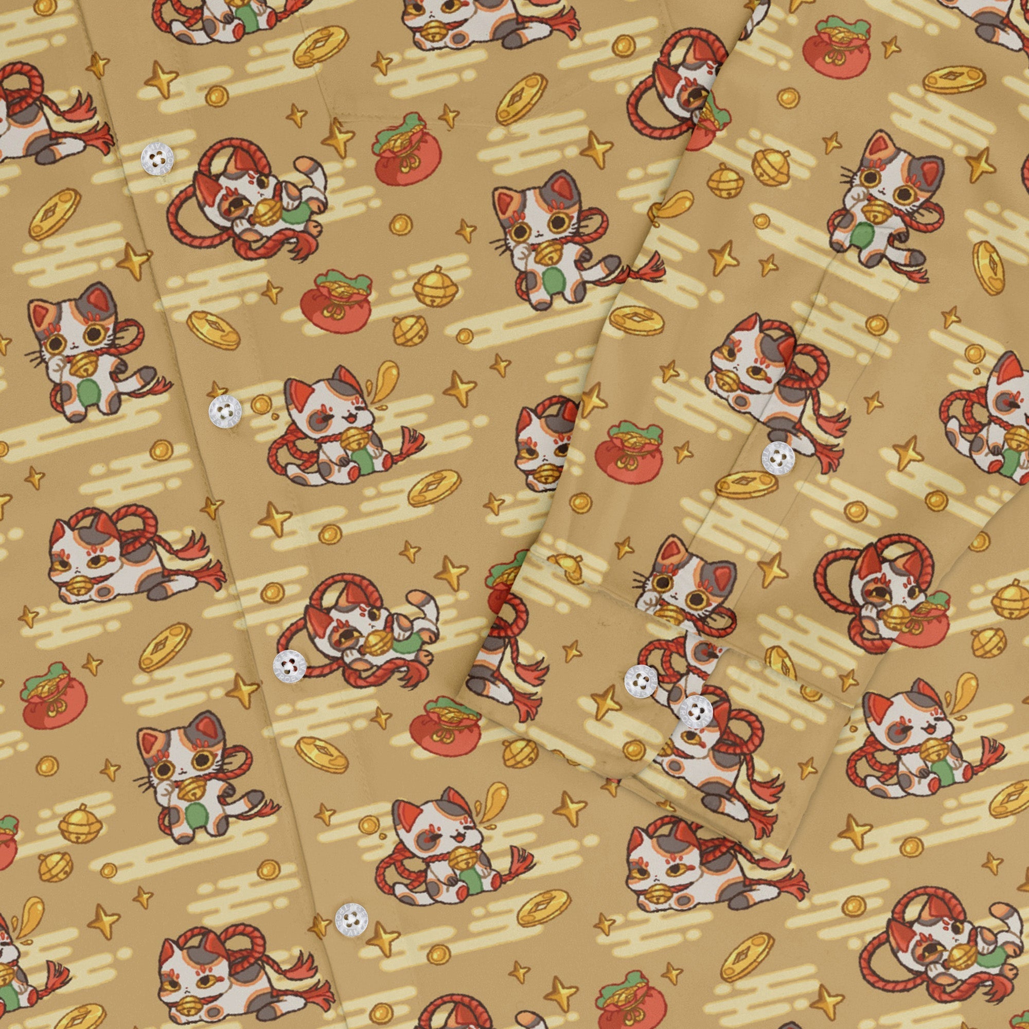 Maneki Cat Gold Long Sleeve Button Up Shirt Geek Nerd adult sizing animal patterns anime