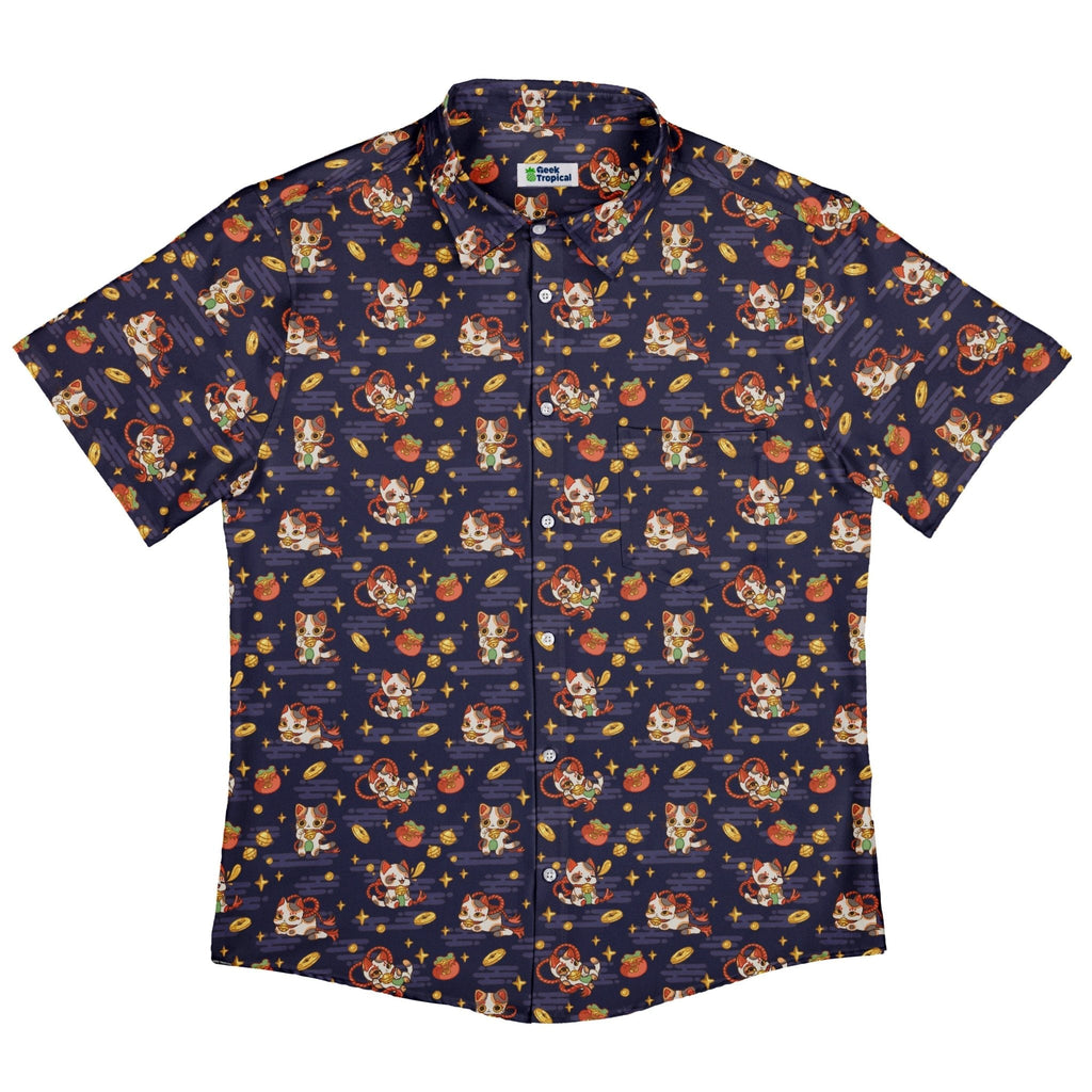 Maneki Cat Navy Button Up Shirt Geek Nerd adult sizing animal patterns anime
