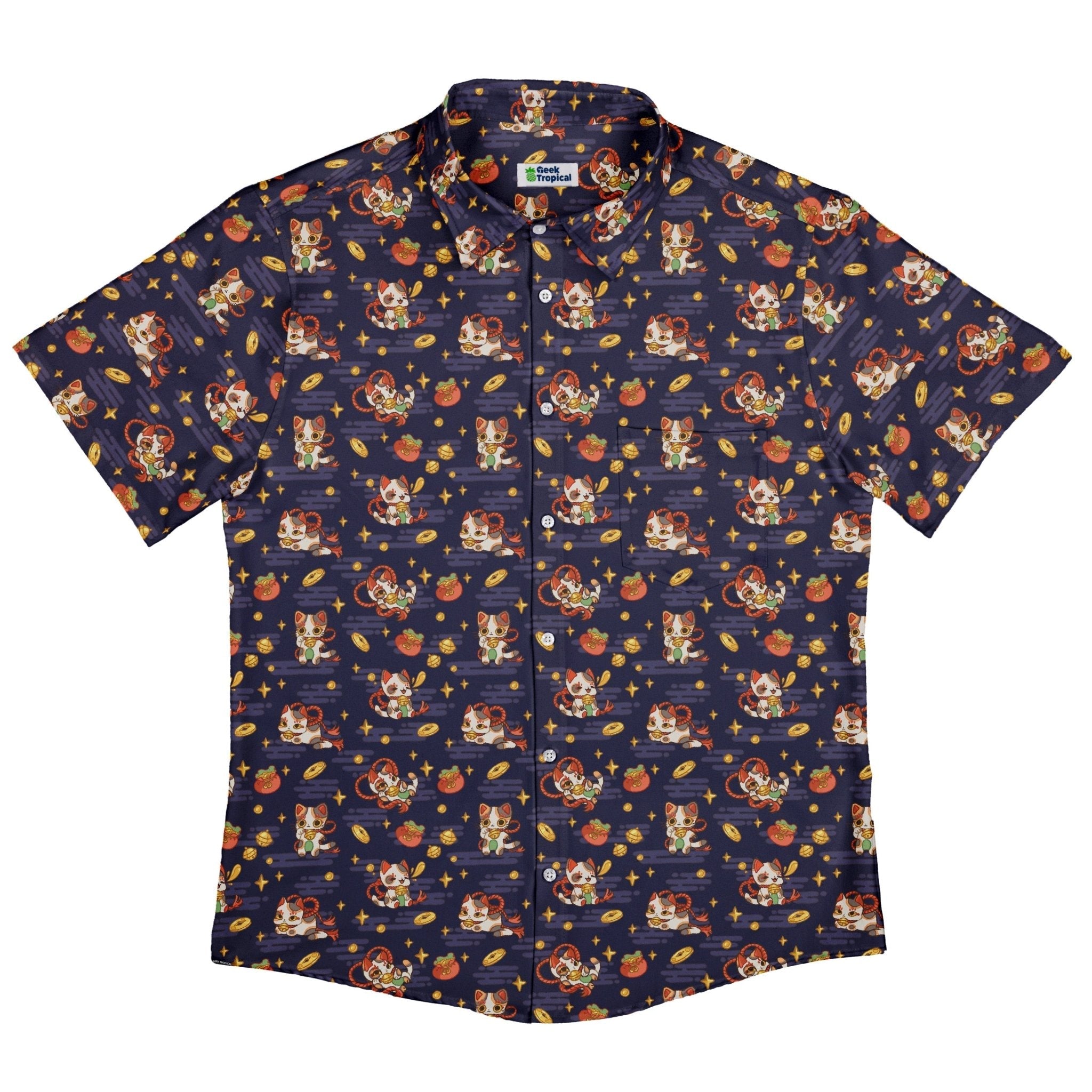Maneki Cat Navy Button Up Shirt Geek Nerd adult sizing animal patterns anime