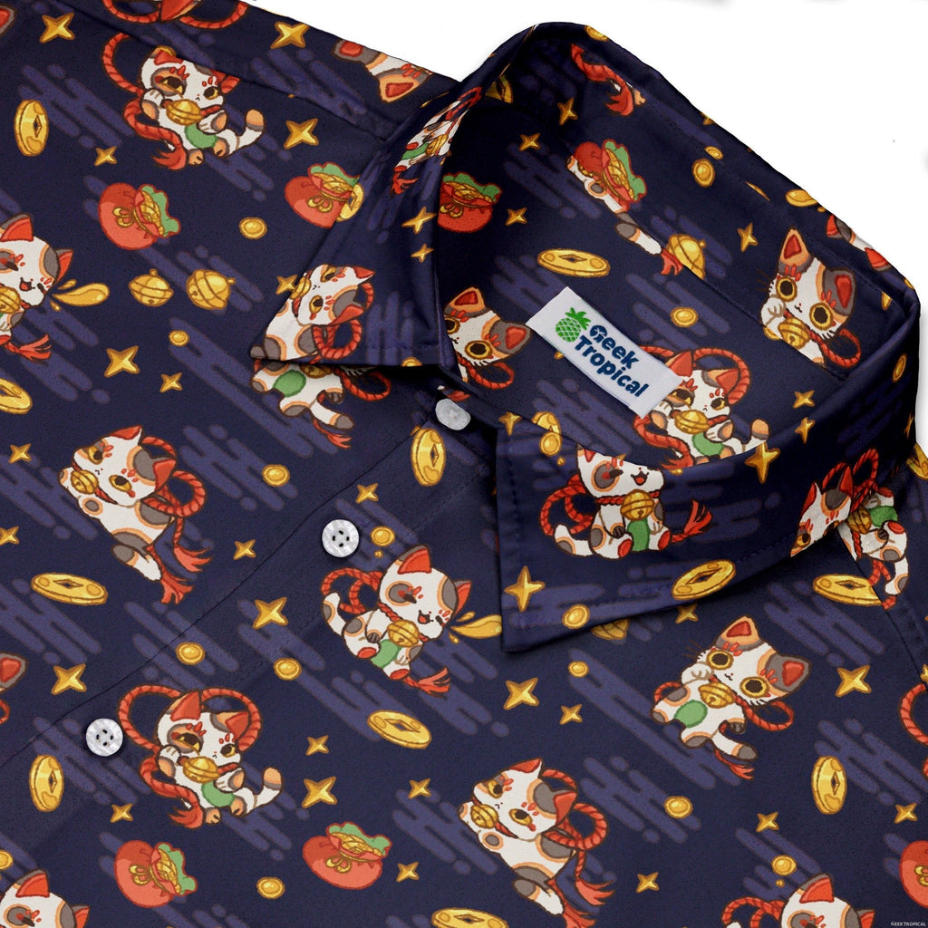 Maneki Cat Navy Button Up Shirt Geek Nerd adult sizing animal patterns anime