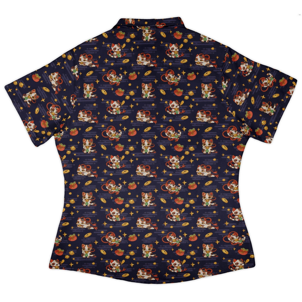 Maneki Cat Navy Curvy Button Up Shirt Geek Nerd animal patterns anime Design by Ardi Tong