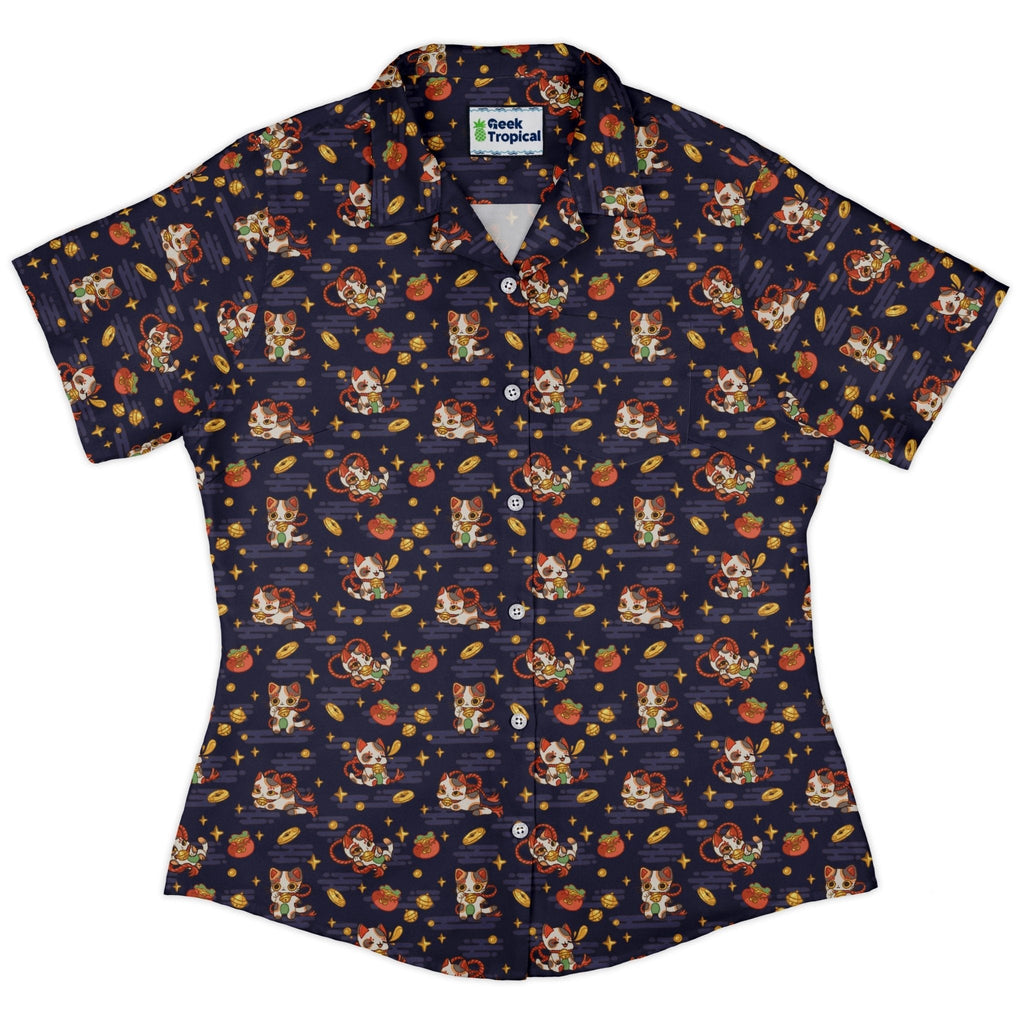 Maneki Cat Navy Curvy Button Up Shirt Geek Nerd animal patterns anime Design by Ardi Tong