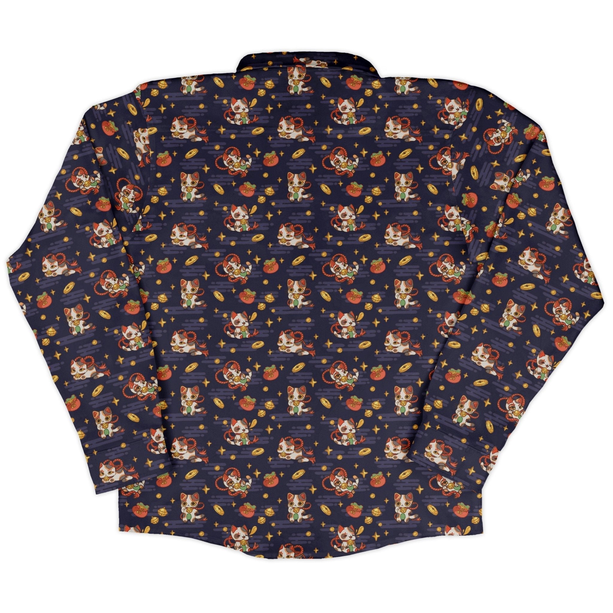 Maneki Cat Navy Long Sleeve Button Up Shirt Geek Nerd adult sizing animal patterns anime