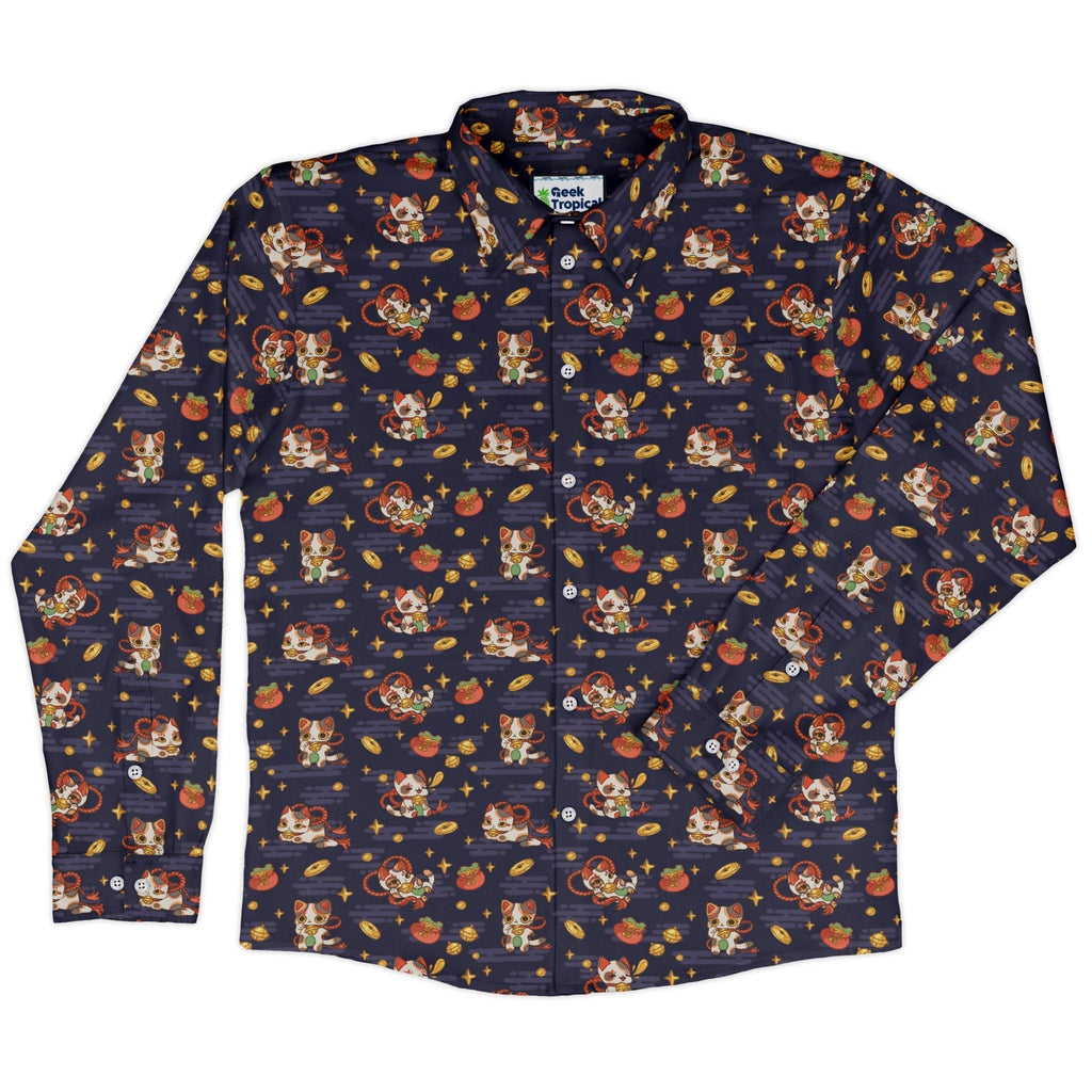 Maneki Cat Navy Long Sleeve Button Up Shirt Geek Nerd adult sizing animal patterns anime