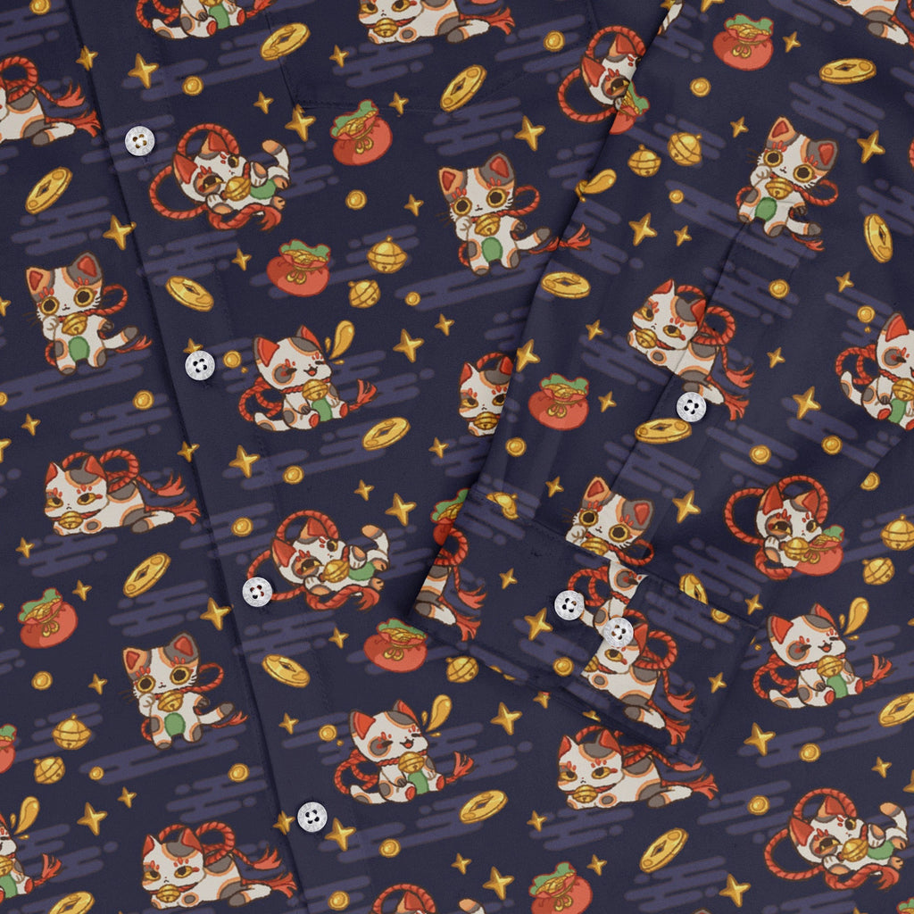 Maneki Cat Navy Long Sleeve Button Up Shirt Geek Nerd adult sizing animal patterns anime