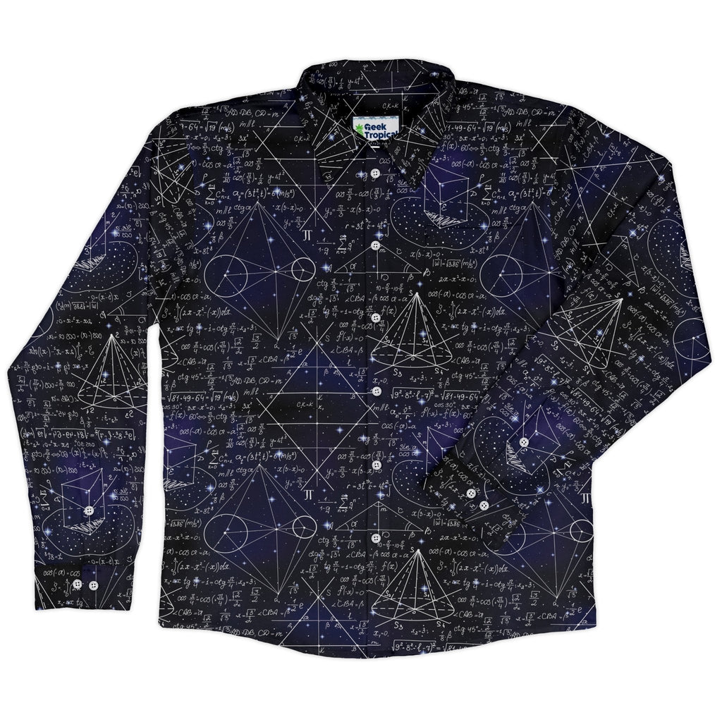 Math And Physics Space Long Sleeve Button Up Shirt Geek Nerd adult sizing FLOW DESC WRITING mathematics print