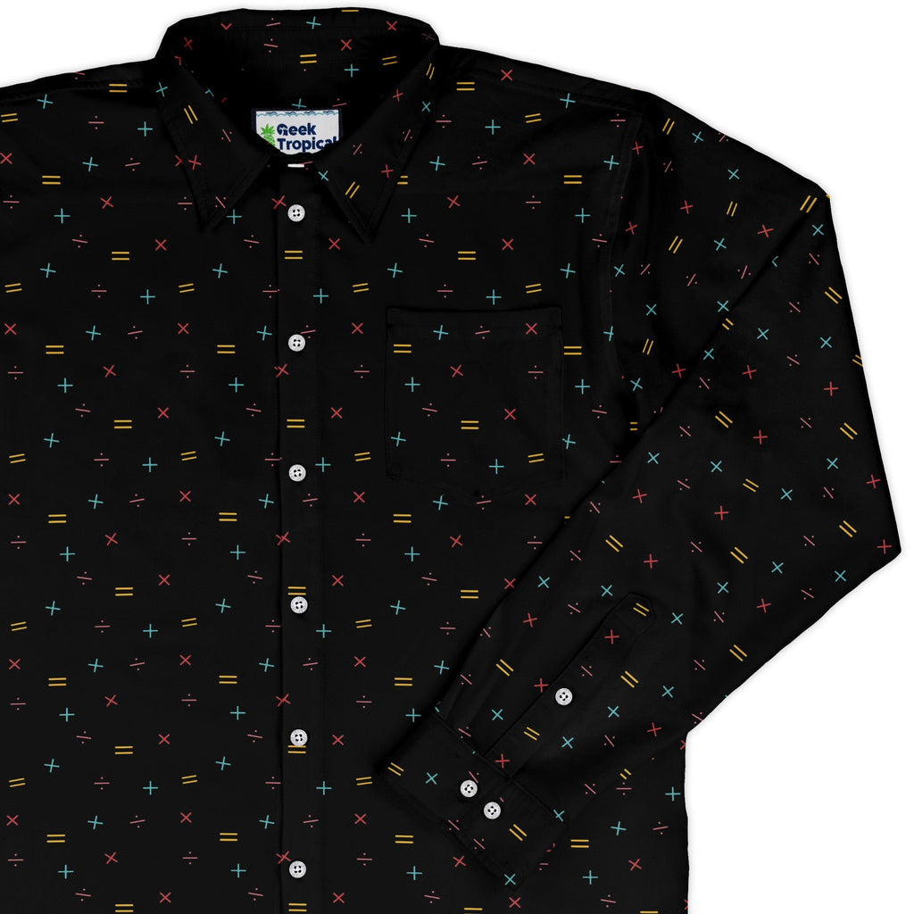 Math Symbols Black Long Sleeve Button Up Shirt Geek Nerd adult sizing FLOW DESC WRITING mathematics print