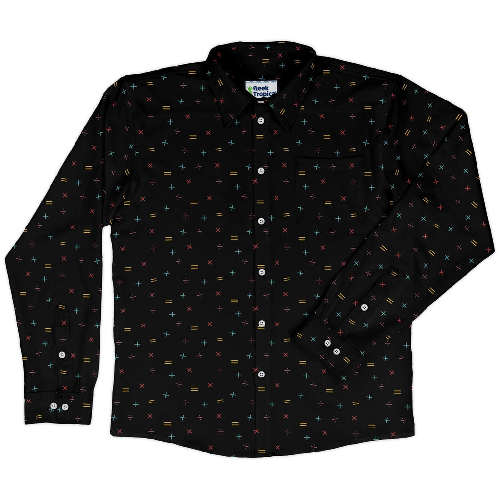 Math Symbols Black Long Sleeve Button Up Shirt Geek Nerd adult sizing FLOW DESC WRITING mathematics print