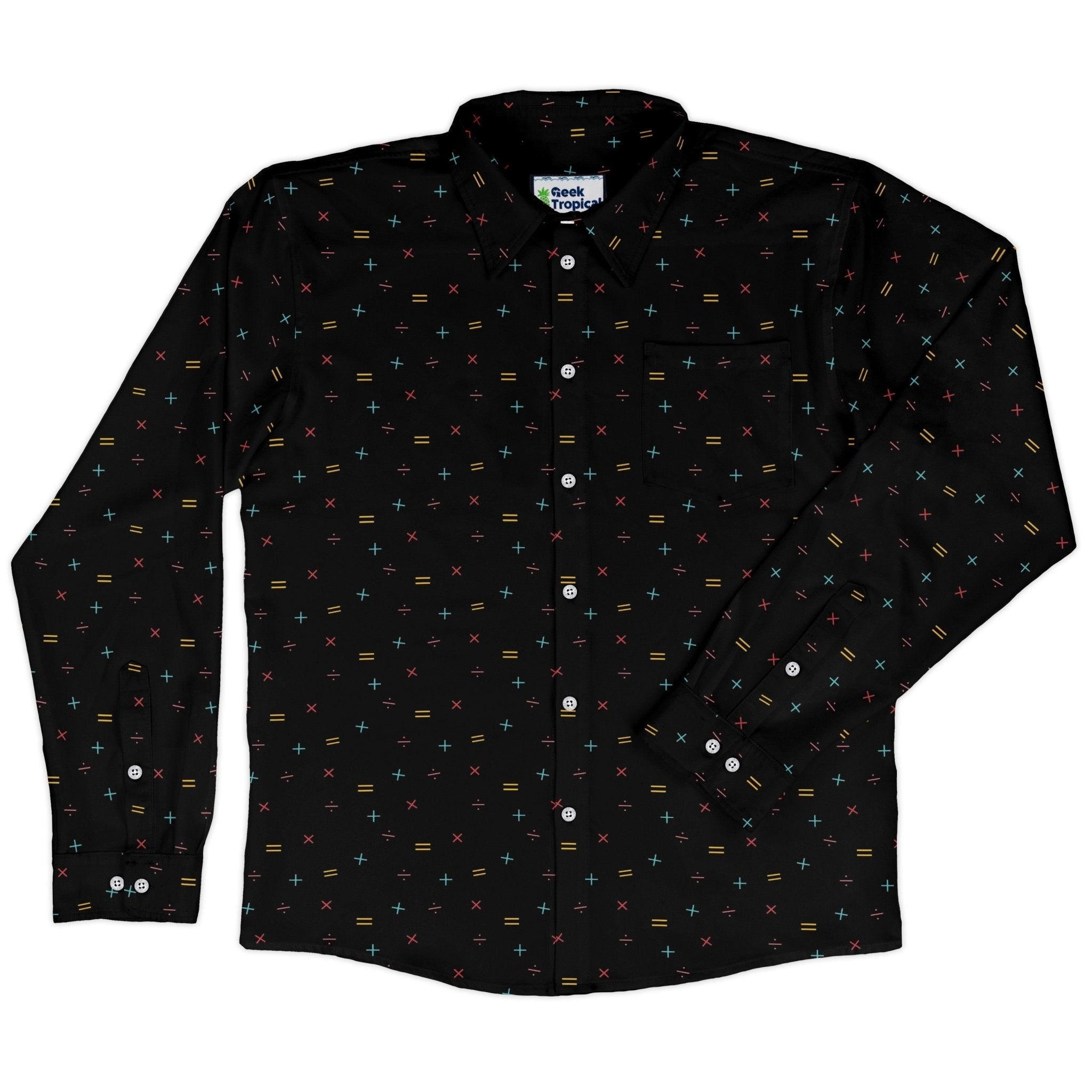 Math Symbols Black Long Sleeve Button Up Shirt Geek Nerd adult sizing FLOW DESC WRITING mathematics print