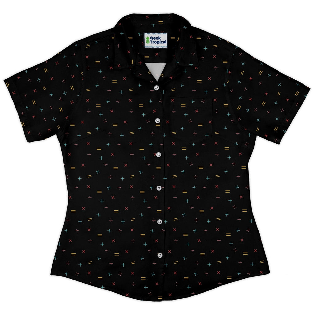 Math Symbols Black Curvy Button Up Shirt Geek Nerd mathematics print Simple Patterns women