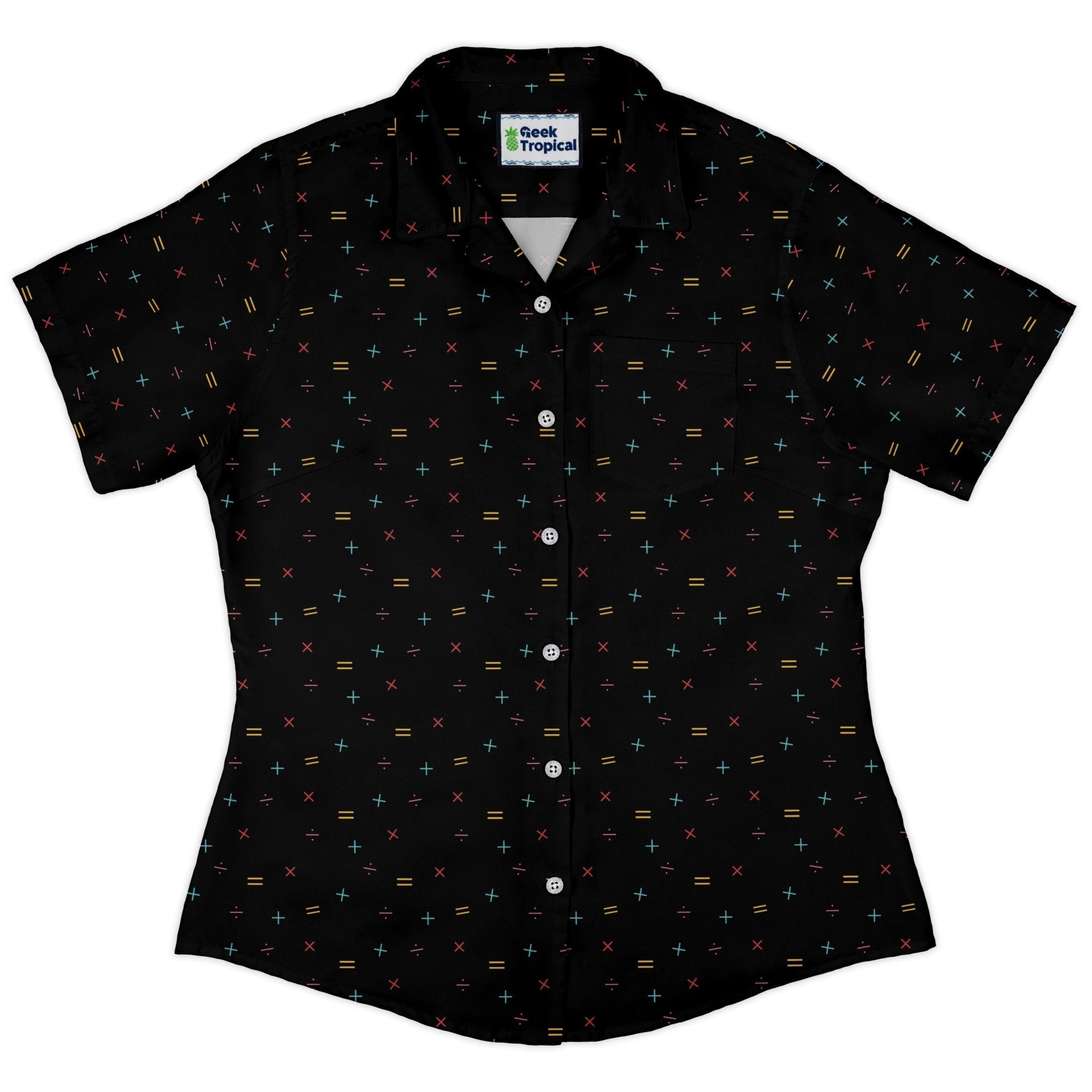 Math Symbols Black Curvy Button Up Shirt Geek Nerd mathematics print Simple Patterns women