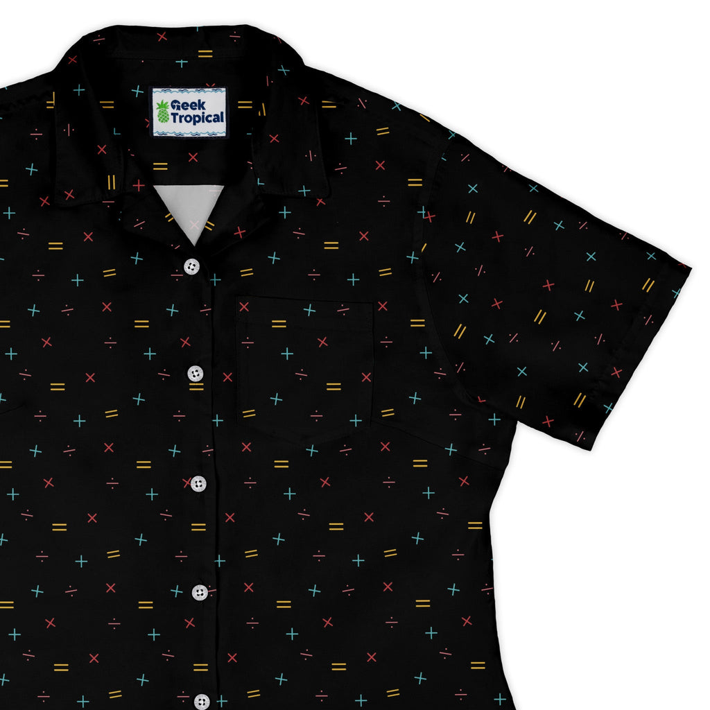 Math Symbols Black Curvy Button Up Shirt Geek Nerd mathematics print Simple Patterns women