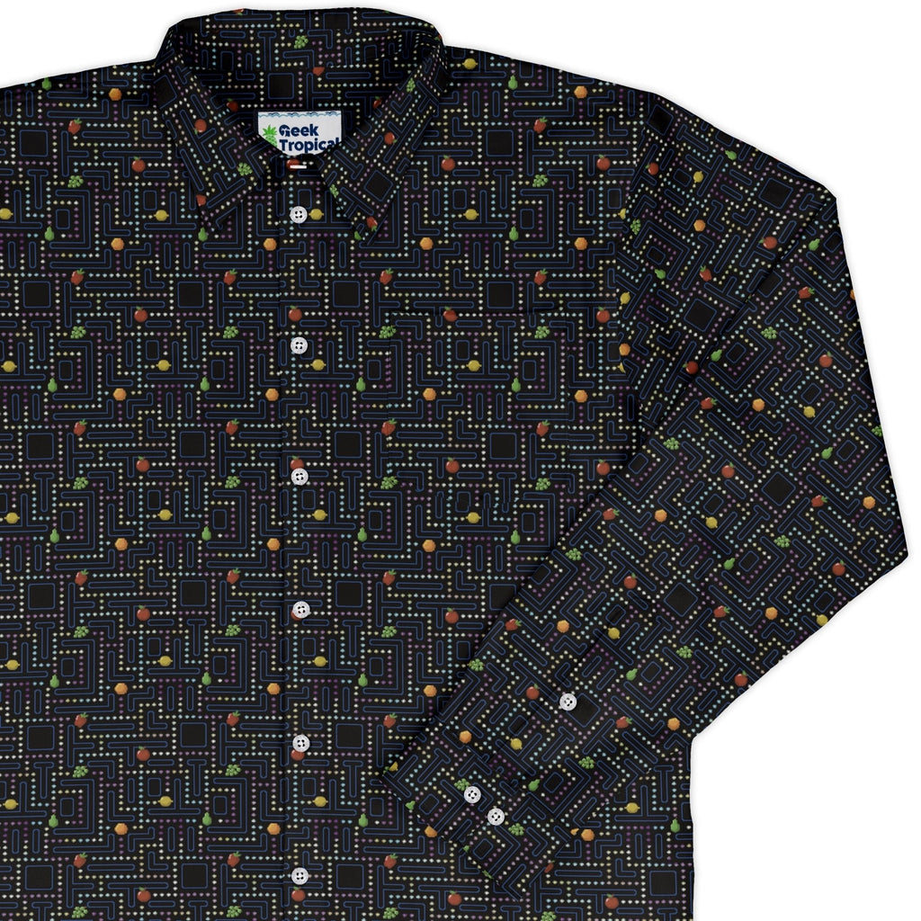 Maze Muncher Arcade Game Long Sleeve Button Up Shirt Geek Nerd adult sizing Designs by Nathan FLOW DESC WRITING